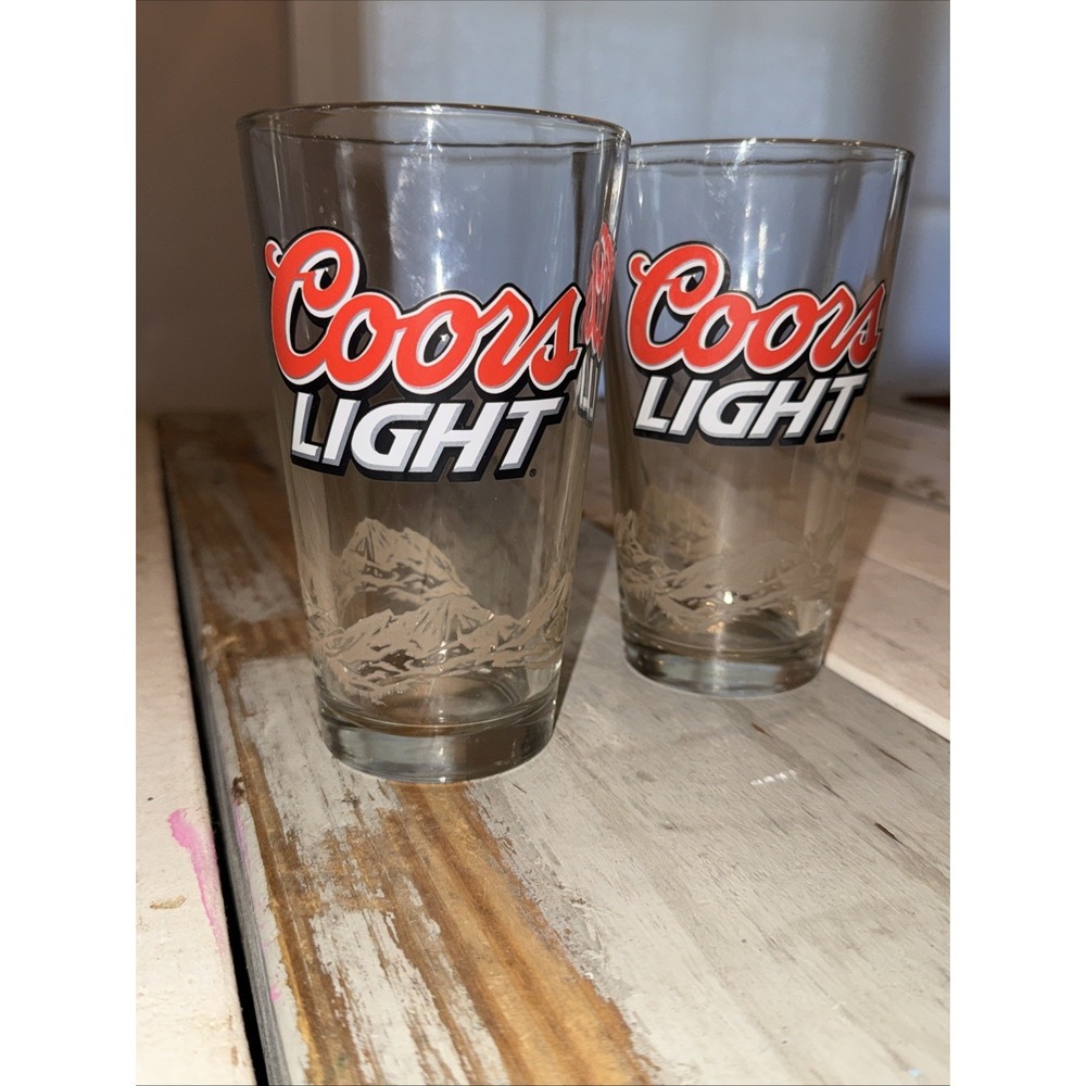 Set Of (2) Coors Light Beer Pint Glass w/Rocky Mountain Texture 16 Ounces